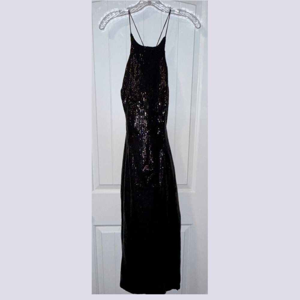 Chic Black Sequin Bardot Sequin Midi Slip Dress - Suitable for size 4
